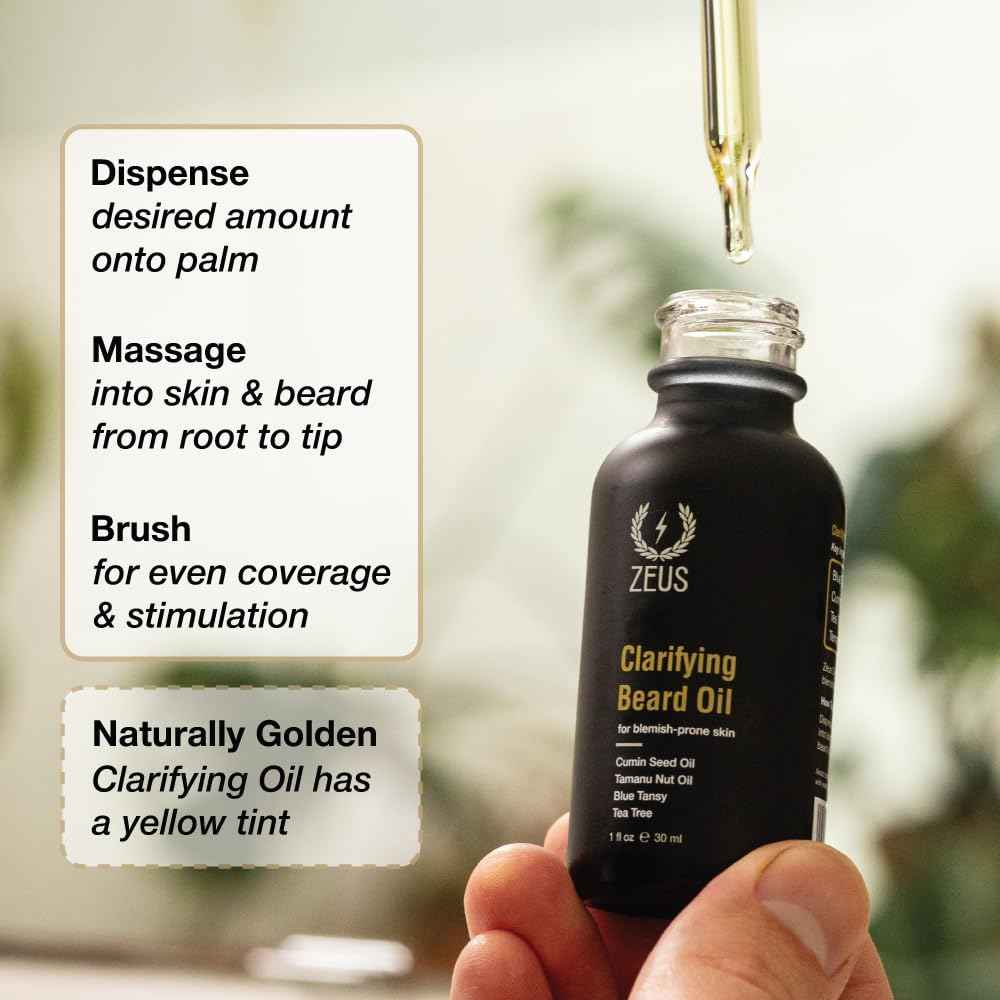 ZEUS Clarifying Beard Oil for Men, Hydrating Facial Hair Oil with Tea Tree for Sensitive Skin, Revitalizes, Treats Blemishes, Promotes Healthy Beard Growth (Made in USA) 1 fl. oz.