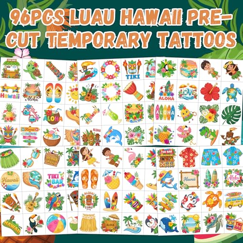 96PCS Hawaiian Luau Temporary Tattoos - Tropical Party Favors