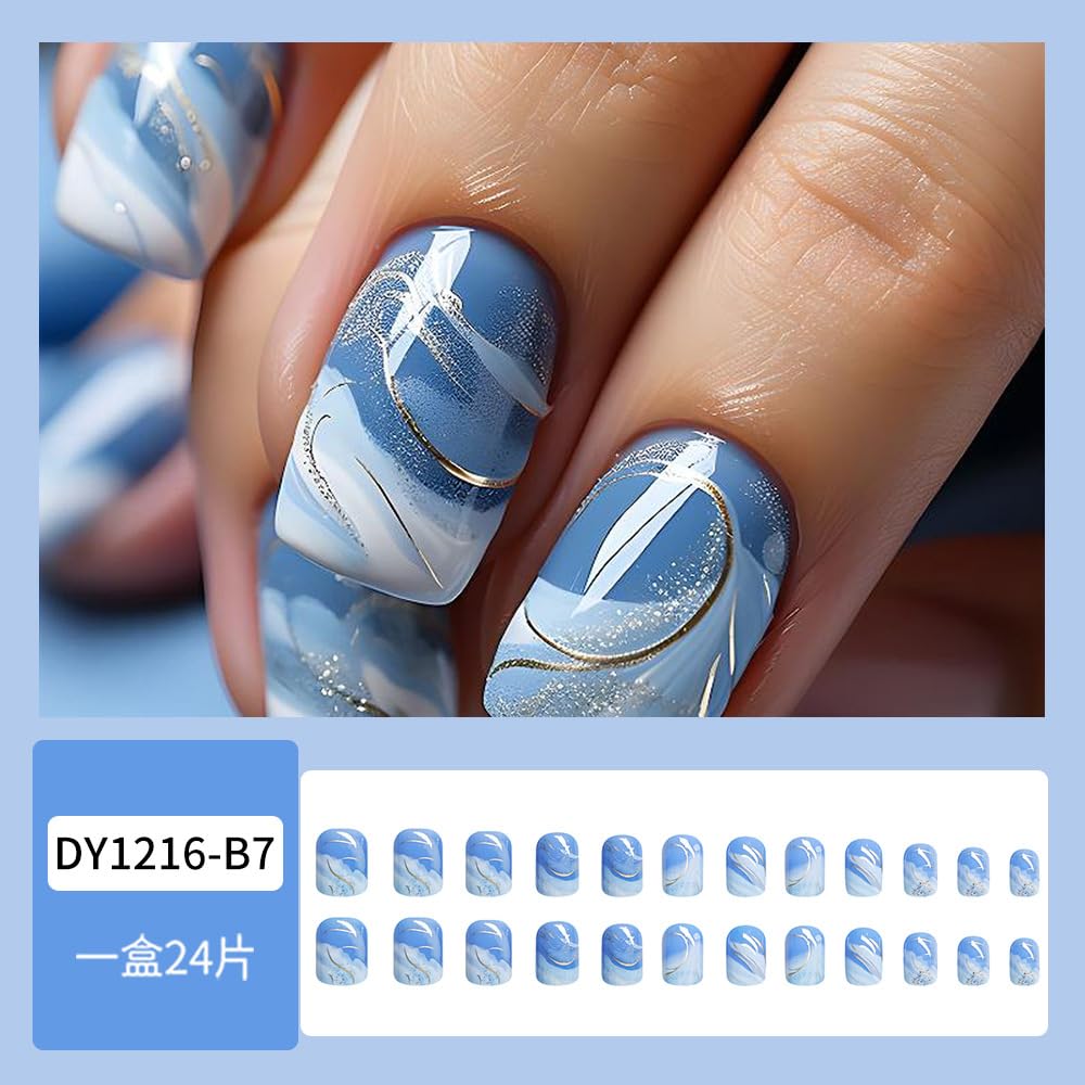 Short Press on Nails Square Gradient White Blue Nails Press Ons Short Blue False Nails with Ocean Design Sparkly Gold Lines Fake Nails Blue Marble Stick on Nails for Women Short Full Cover Nails Kit