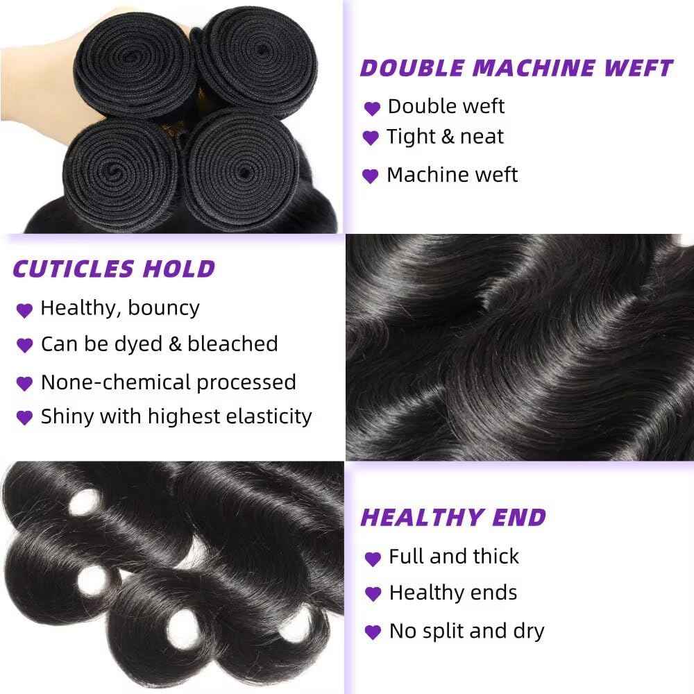 Body Wave Bundles Human Hair 8 10 12 14 Inch Human Hair Bundles 100% Unprocessed Brazilian Virgin Quick Weave 4 Bundle Human Hair Extensions for Black Women Natural Color