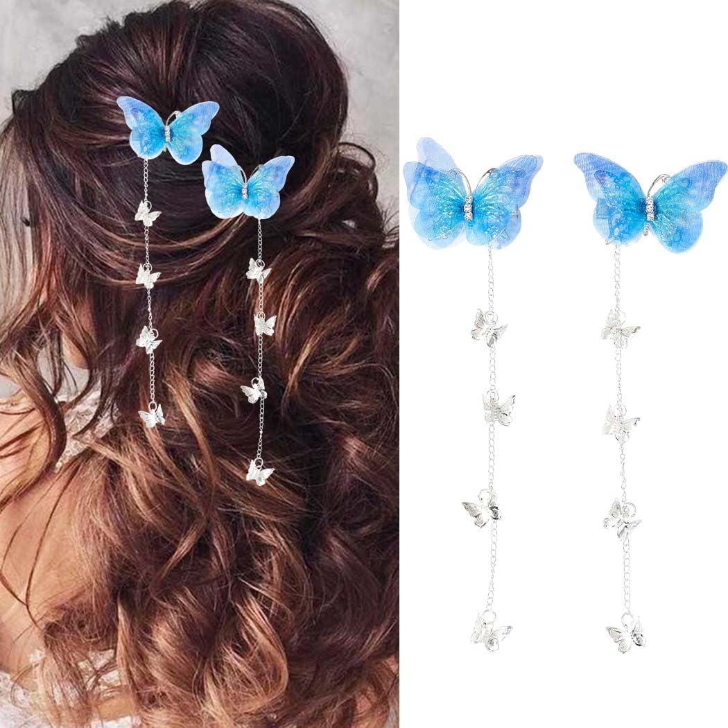 Bartosi Butterfly Hair Clips Blue Butterfly Hair Clip Tassel Hair Pins Cute Rhinestone Hair Barrettes Hair Accessories for Women and Girls (Pack of 2)