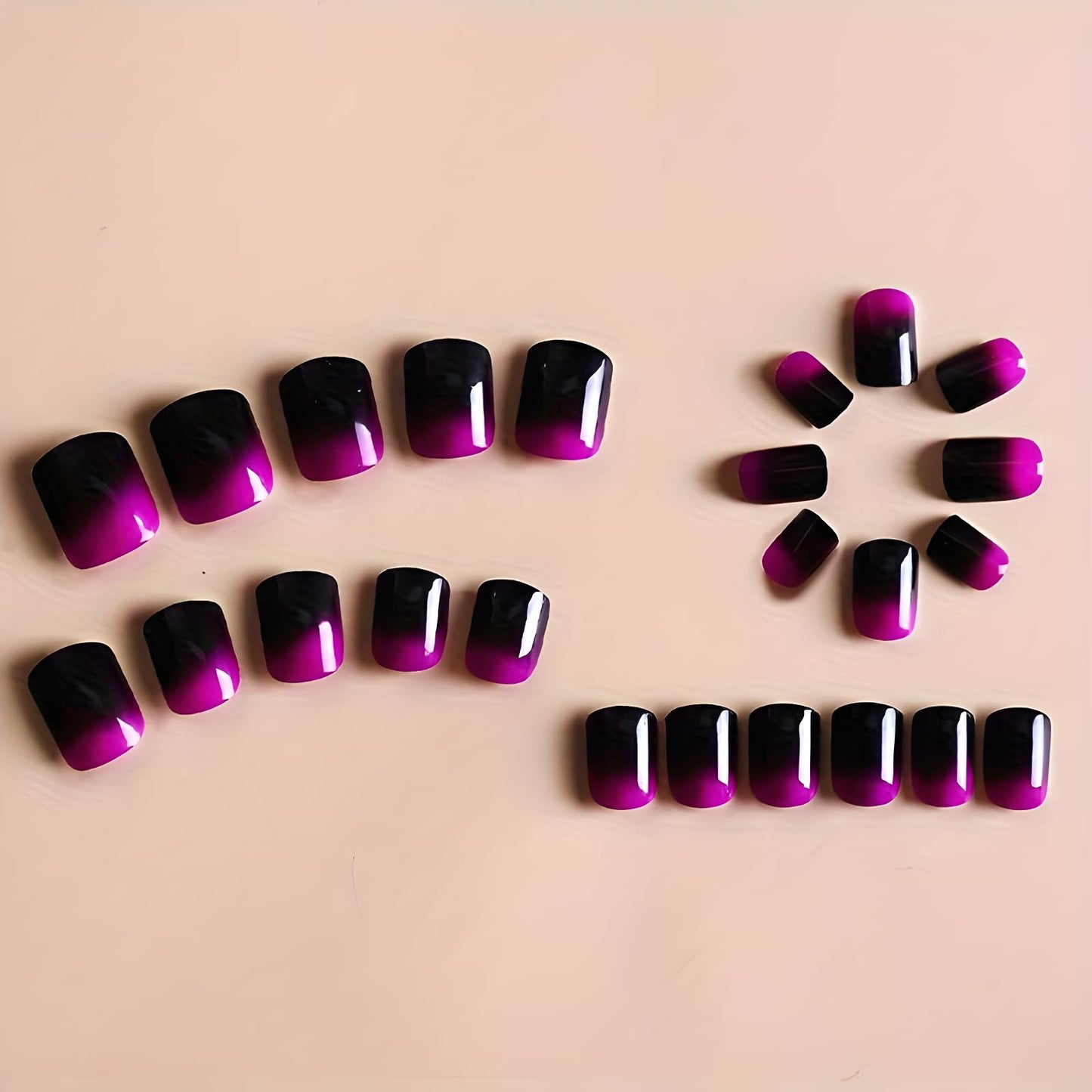 Square Press on Nails Short Purple Fake Nails with Gradient Design Acrylic Nails Glossy Nails Press ons Black False Nails Full Cover Glue on Nails for Women and Girls 24 Pcs