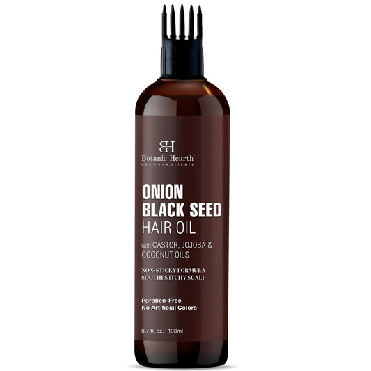 Botanic Hearth Onion Black Seed Hair Oil | Soothes Itchy Scalp, Strenghthens Hair | With Castor, Jojoba & Coconut Oils | Hair Fall & Hair Loss Control | With Comb Applicator | 6.7 fl oz