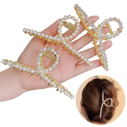 BetterJonny 3 PCS Metal Pearl Hair Clip Claws, Rhinestone Hair Clips for Women Girls, Large Hair Clips, Long Hair Jaw Clips, Hair Accessories for Thick Hair