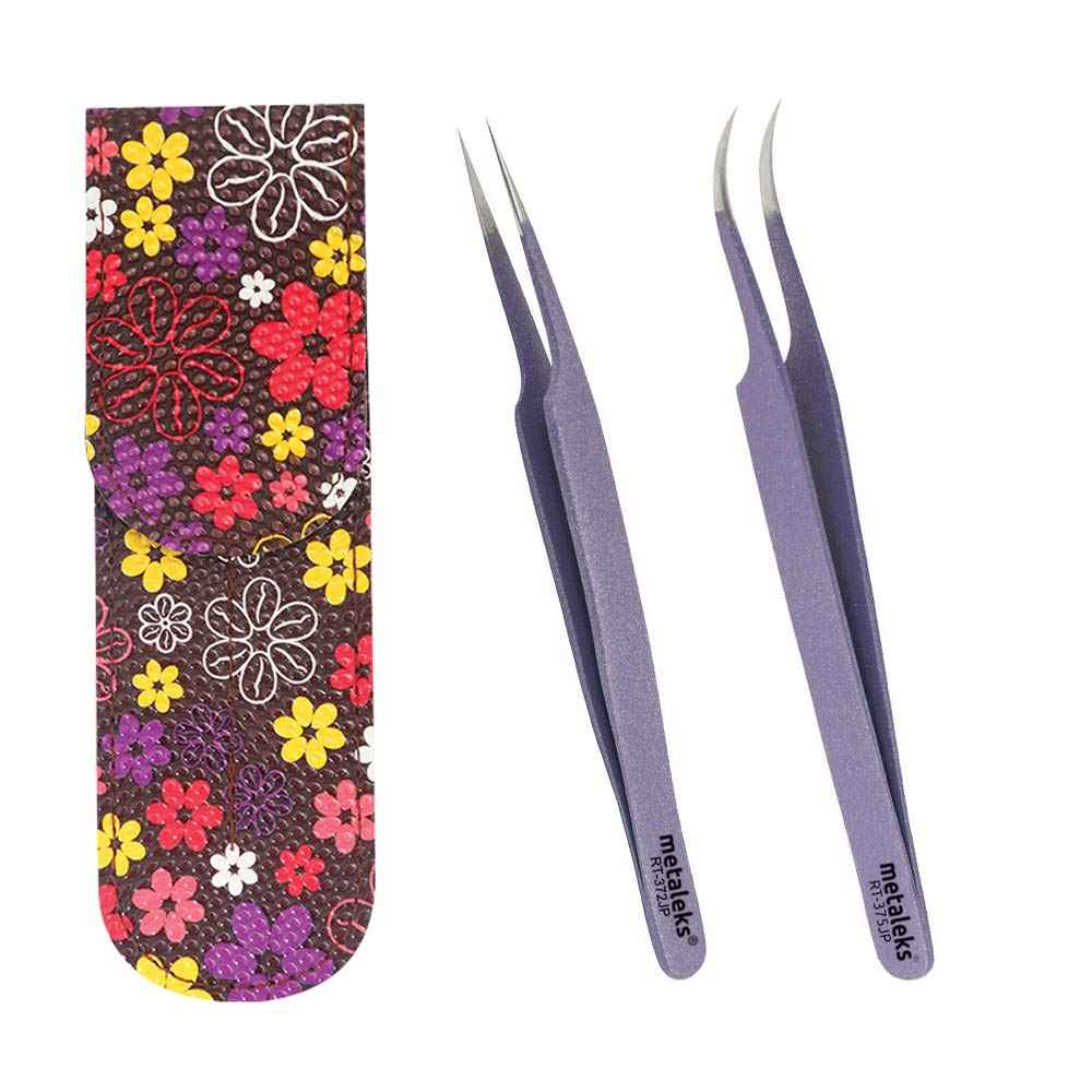 Metaleks Tweezers for Eyelash Extension - Straight and Curved Pointed Tweezers - Professional Stainless Steel Precision Tweezers set - 2 Pcs - With Pouch In Purple Powder Coating