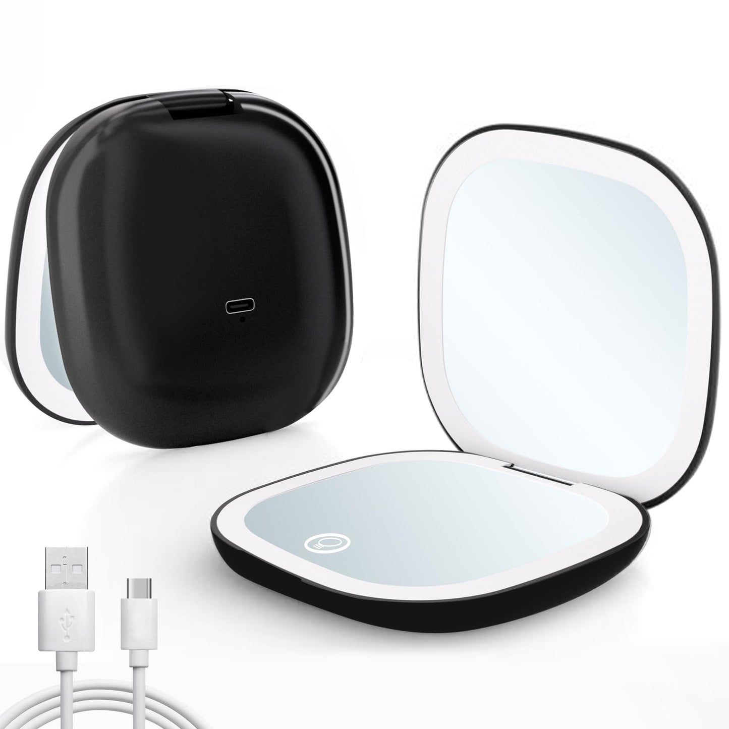 Compact Travel Makeup Mirror, Rechargeable 1X/10X Magnifying Compact Mirror with Dimmable Light, 2-Sided Handheld Portable Folding Mirror, Mini Makeup Mirror for Purse, Pocket, Gifts (Black)