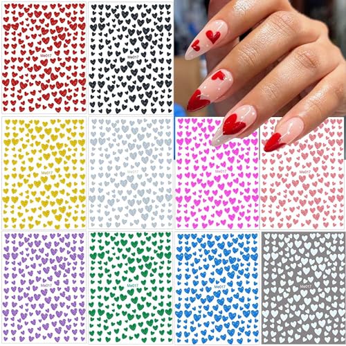 10 Sheets Heart Nail Art Stickers DIY 3D Self Adhesive Glitter Colorful Heart Love Nail Art Stickers Valentine's Day Nail Decals Supplies Shinning Love Heart Nail Design for Women Girls Acrylic Nail