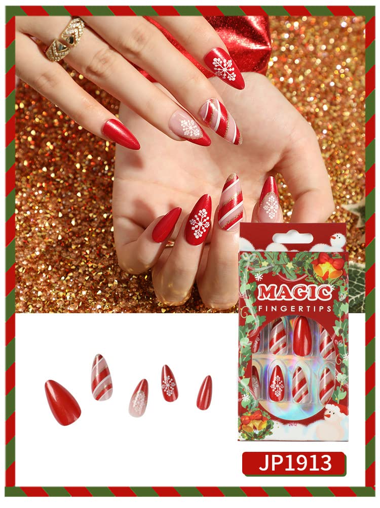 Christmas Press on Nails Medium Fake Nails Almond Glitters Strip Snowflake Pattern Red Nail Decorations Full Cover Acrylic Nail Tips Fingernails Cute New Years Party Stick on Nails for Women 24Pcs