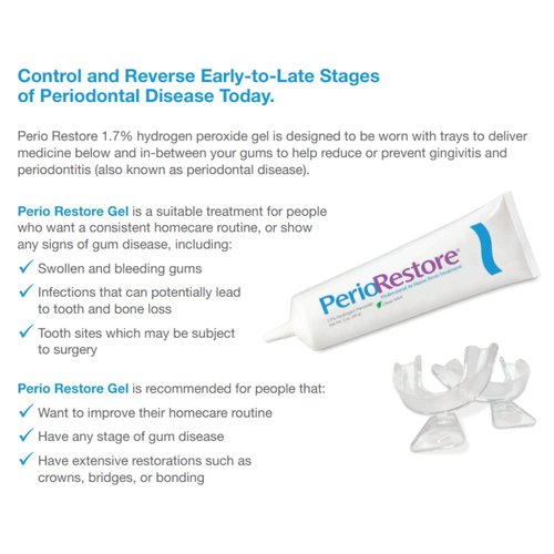 Perio Restore Gel 3 Ounce Tube; 1.7% Hydrogen Peroxide Oral Cleansing Treatment; Oral Cleansing Gel. Includes Two (2) Trays for Ease of Application. Mint Flavor, at-Home Treatment