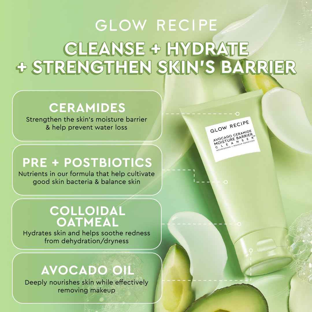 Glow Recipe Avocado Ceramide Facial Cleanser for Dry Skin - Hydrating Gel to Foaming Face Wash for Women & Men - Gentle Moisture Barrier Repair with Hyaluronic Acid & Colloidal Oatmeal, 150ml