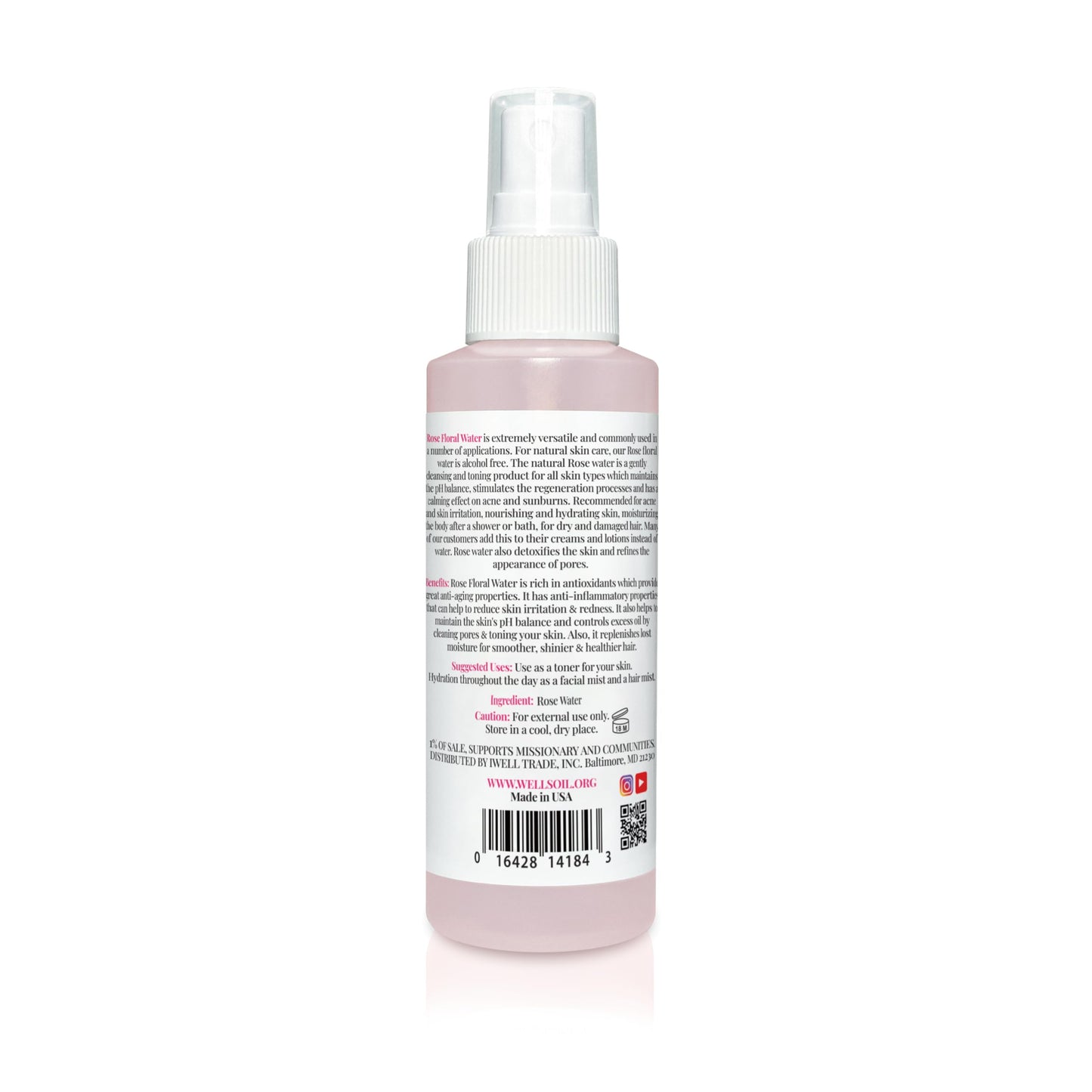 Well's Rose Water Mist Spray | 4 fl. oz. | 100% Natural | Hydrating & Soothing | For Skin & Hair Care