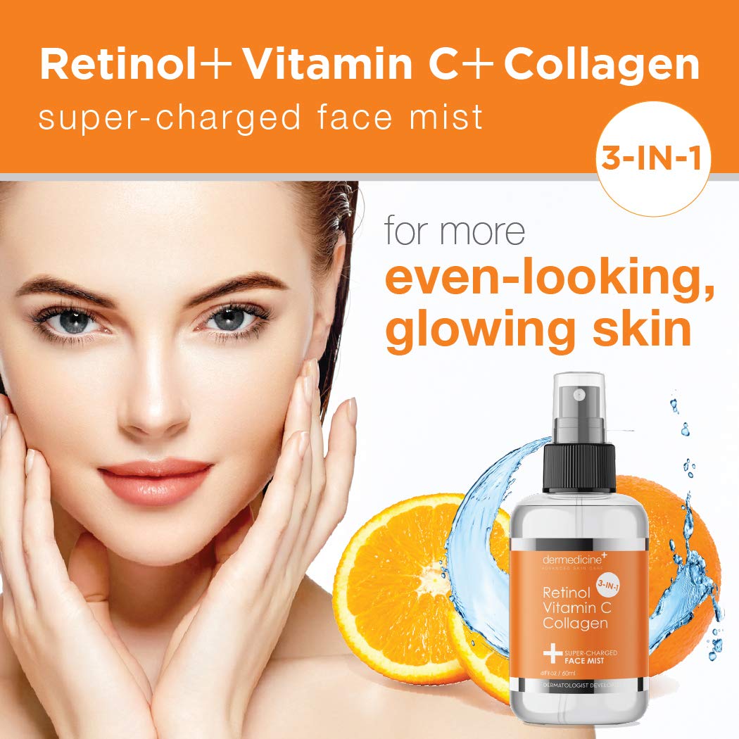 3 in 1 Super-Charged Anti-Aging Face Mist w/Retinol, Vitamin C + Collagen | Hydrates, Refreshes & Brightens for a More Glowing Complexion | 4 fl oz, 120 ml