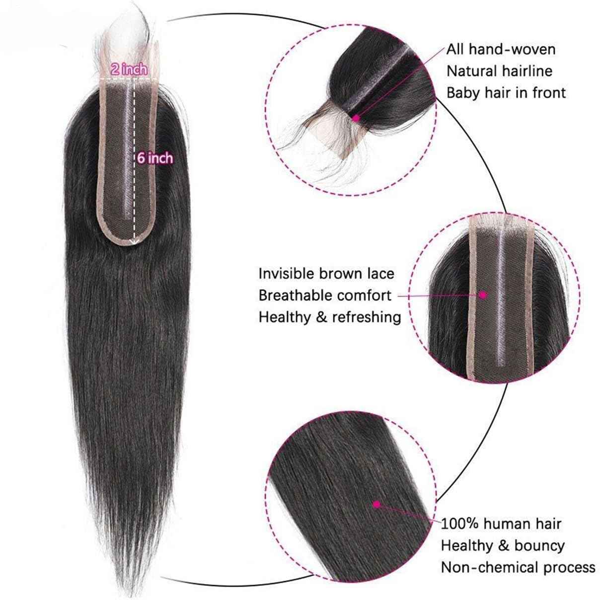 Brazilian Straight 2x6 Lace Closure 100% Unprocessed Human Virgin Hair Remy Pre-Plucked Hairline Natural Color Closure With Baby Hair (2x6 straight closure, 18inch)