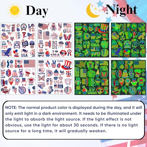 80pcs Luminous 4th of July Temporary Tattoos, Glow-in-Dark Patriotic