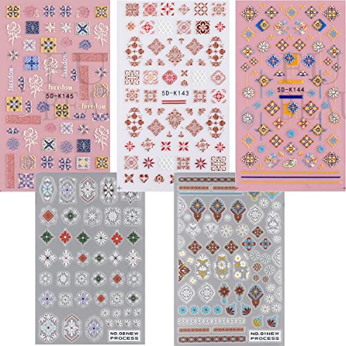 Nail Art Stickers 3D Retro Style Nail Decals Self Adhesive Nail Supplies Flower Totem Nail Stickers for Women Manicure Decoration DIY Nail Art Design