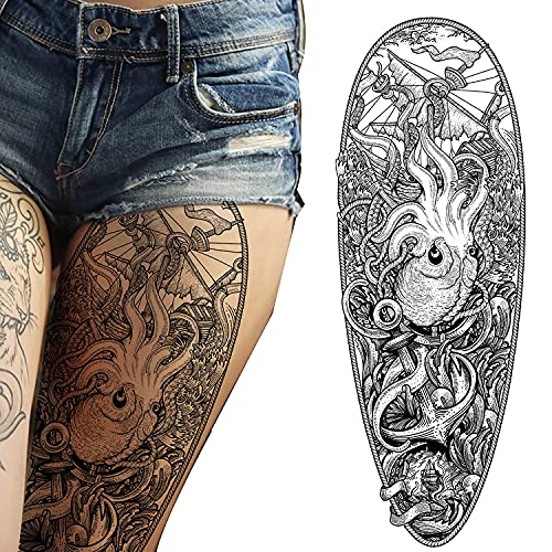 2 x Temporary tattoo full arm caribbean pirate kraken stick on body art transfer for women and men cosplay halloween adult temp tattoo for arms fancy dress