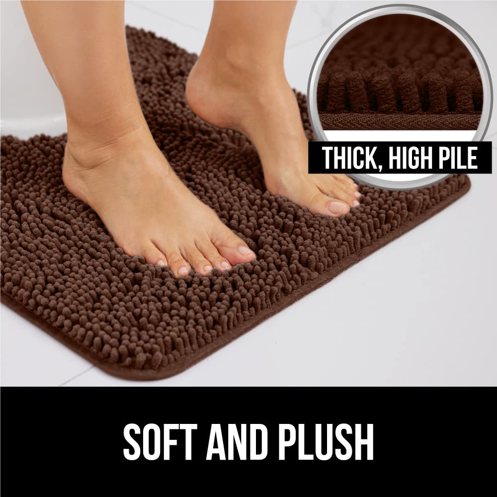 Gorilla Grip Plush Absorbent Shaggy Chenille Bath Rug Mat for Toilet Base with Rubber Backing, Machine Washable, Microfiber Bathroom Contour Mats for Toilets, Bath Room Decor, Square, 22.5x19.5, Brown