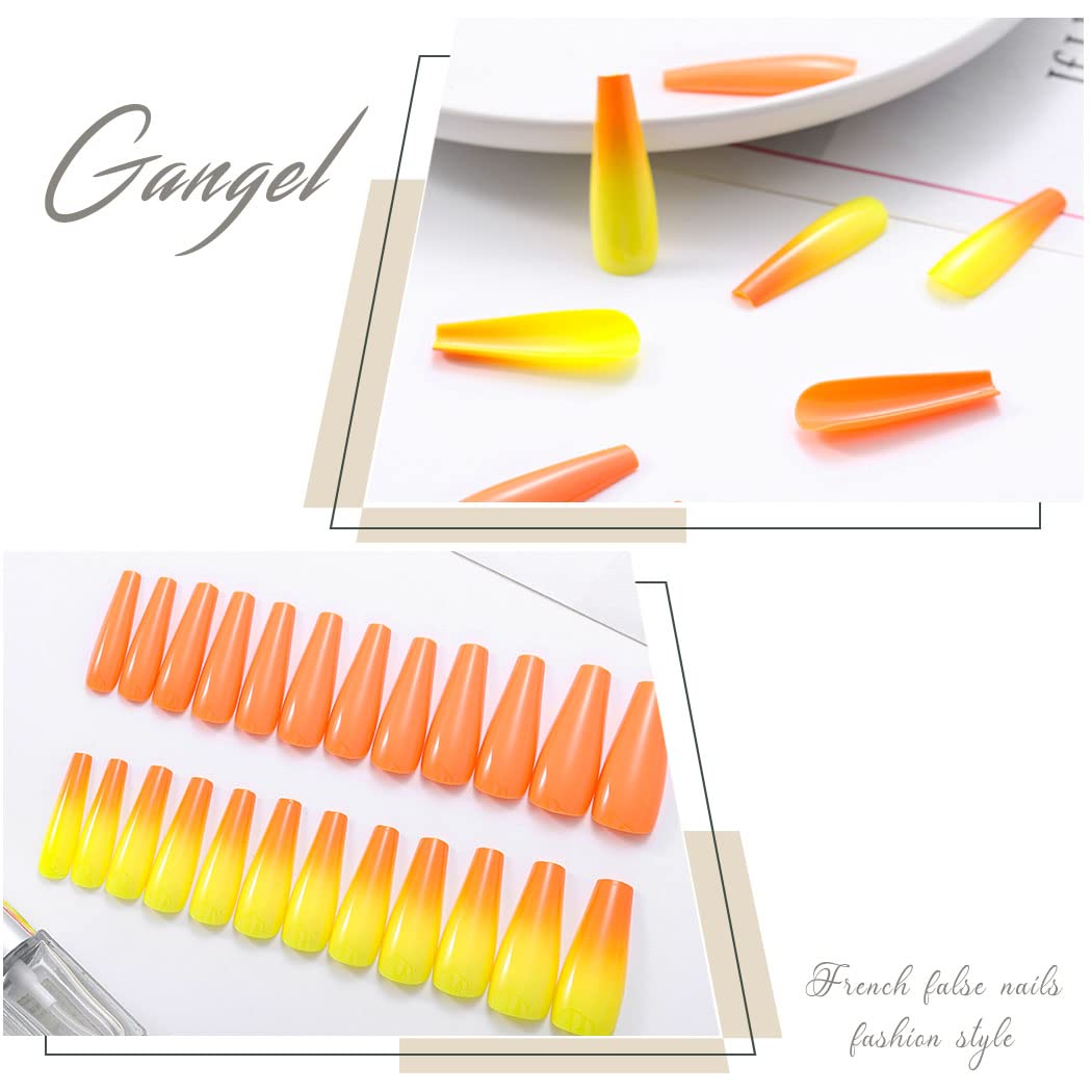 Gangel Coffin Press on Nails Extra Long Fake Nail Ballerina False Nails Glossy Full Cover Yellow Orange Fake Nails Acrylic Daily Wear Party for Women and Girls 24Pcs (Autumn)