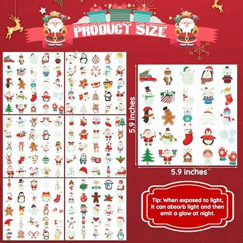 150PCS Luminous Christmas Tattoos for Kids, Christmas Accessories, 150 Kinds of Glow in the Dark Xmas Temporary Tattoos, Stocking Stuff Xmas Supplies for Kids, Xmas Goodie Bag Candy