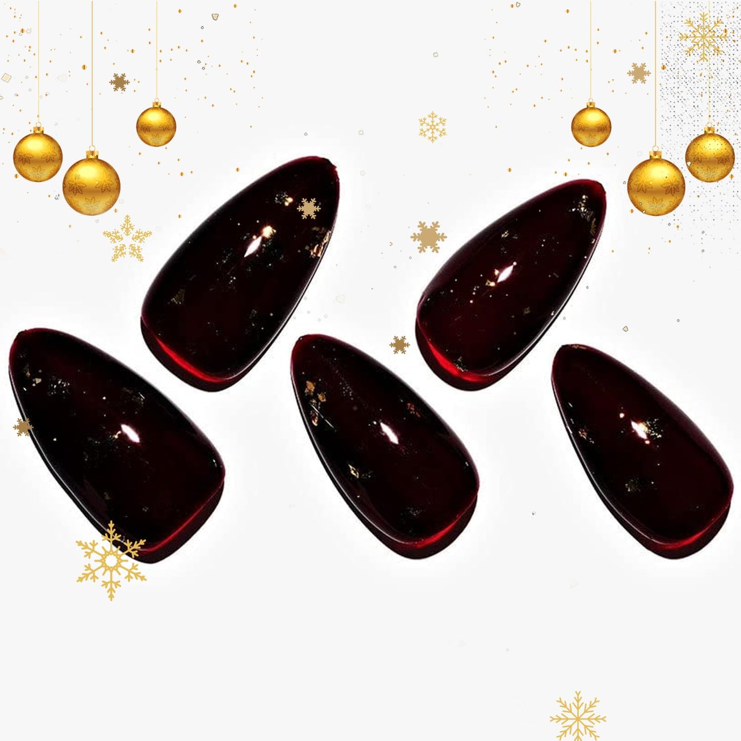 GLAMERMAID Burgundy Press on Nails Medium Almond- Handmade Jelly Gel Gold Foil Flakes Fake Nails Short, Deep Dark Red Stiletto Stick Glue on Nails Set, Glossy Reusable Acrylic False Nail Kit for Women