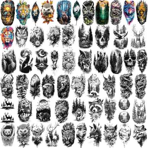 77 Sheets Temporary Tattoos for Adults and Kids - 2 Sizes Fake Tattoo Realistic Lion, Tiger, Wolf, Eagle Owl Forest Animal Designs- Long Lasting Body Tattoo for Halloween, Parties