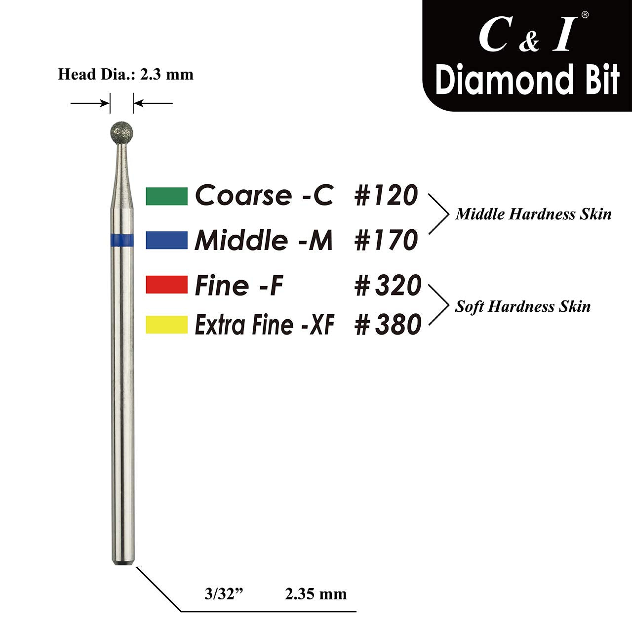 C & I Diamond Nail Drill Bit, Ball Shape Head E-File, Professional Cuticle Clean Drill Bit, Improved Diamond Powder plus Tungsten Carbide Shank 3/32” (2.35 mm) (2.3 mm, Coarse -C)