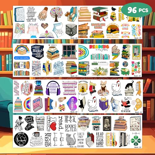 (96 PCS) Funny Reading Book Booklish Nerd Temporary Tattoos Birthday Themed Party Supplies Decorations Favors Cute Inspirational Stickers Tattoo Gifts for Kids Girls Boys Teachers Decor School Reward