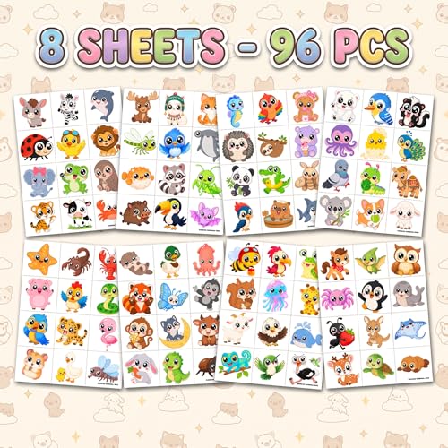 Kawaii Animal Temporary Tattoos Set - 96 PCS for Kids