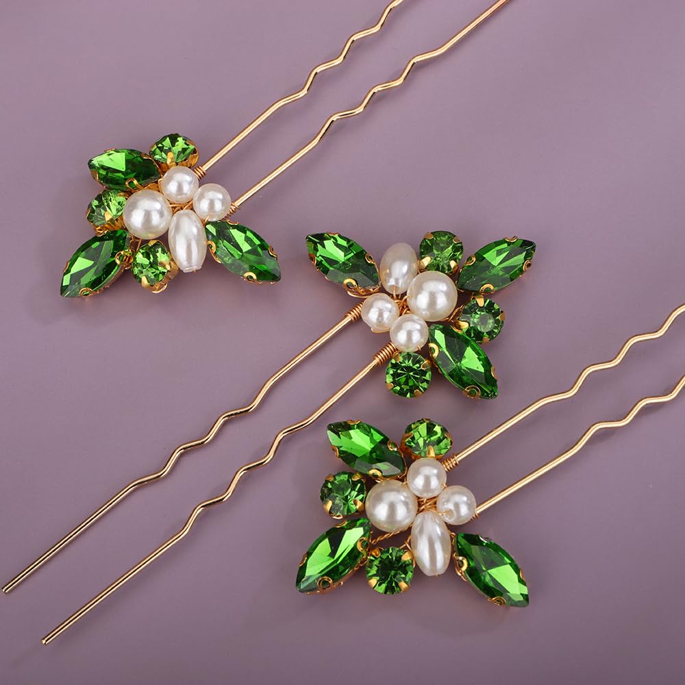 Teyglen 6pcs Crystal Pearl Bridal Hair Pins Green Rhinestone Wedding Hair Pins Clips Set Handmade Rhinestone Hair Piece Decorative Hair Accessories for Women Bride Girls (Green)