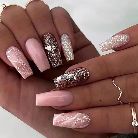 Sparkly Shiny Long Coffin Press On False Nails Medium Length Full Cover Acrylic Fake Nails Ballerina Nails for Women Lady Fashion Nails for Nail Salons and Home DIY Nail Art 24PCS (BKS2137 Mixed Pink)