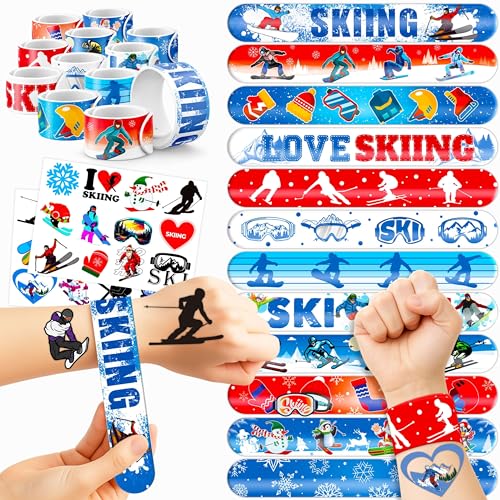 48PCS Skiing Party Set - 24PCS Temporary Tattoos & 24PCS Slap Bracelets - Fun Winter Sports-Themed Birthday Supplies, Baby Shower Gifts, Classroom Rewards & Party Decor for Kids (Boys & Girls)
