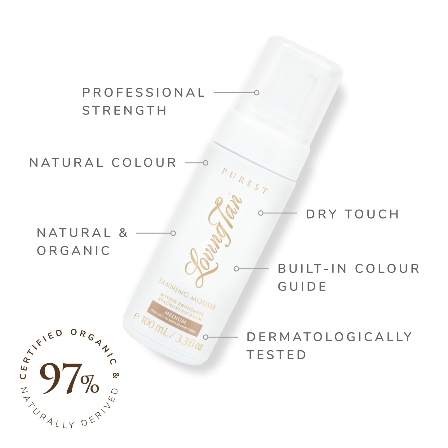 Loving Tan Purest Tanning Mousse, Medium + Purest Applicator Mitt - Sunless Tanner Made From 97% Certified Organic & Naturally Derived Ingredients - Cruelty Free, Vegan - 3.3 Fl Oz