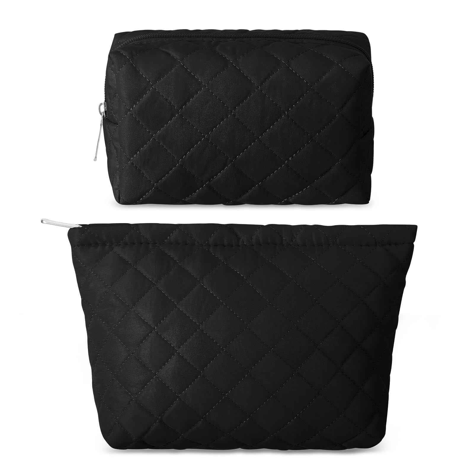 Huhumy 2 Pcs Pencil Case Quilted Makeup Bag Aesthetic Cosmetic Pouch for Women Puffer Travel Toiletry Bag Set Cotton Small Purse Pouch Makeup Organizer with Zipper(Black)