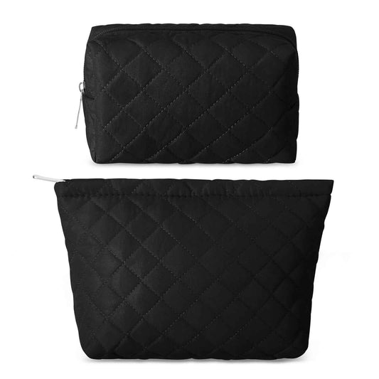 Huhumy 2 Pcs Pencil Case Quilted Makeup Bag Aesthetic Cosmetic Pouch for Women Puffer Travel Toiletry Bag Set Cotton Small Purse Pouch Makeup Organizer with Zipper(Black)
