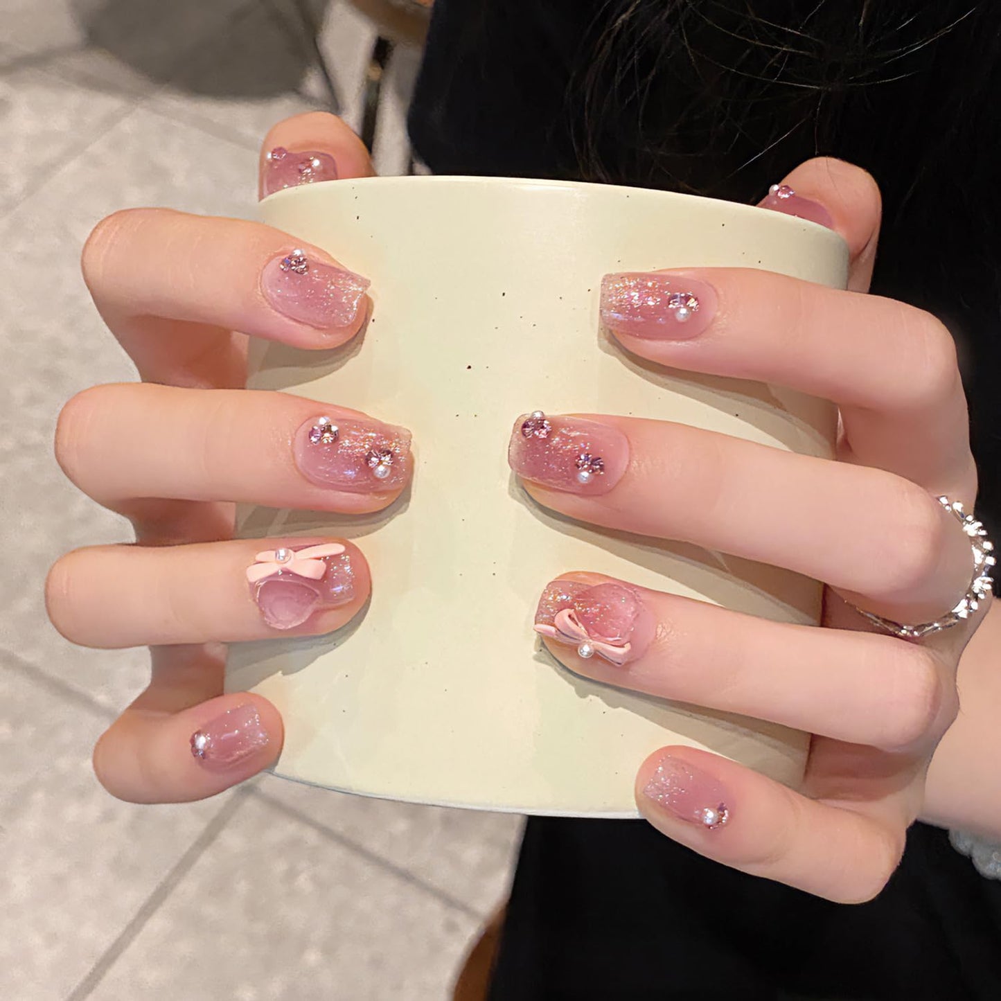 Press On Nails, Wedding False Nails,Reusable Nail Stickers, Artificial Glossy Fake Nails, Press on Fake Nails for Women/Girls(Medium, Ice through glass)