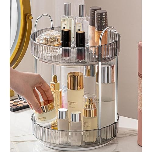 Makeup Organizer for Vanity, 360¡Æ Rotating Bathroom Organizer Countertop, High-Capacity Skincare Organizer, Spinning Cosmetics Organizer for Dresser Countertop (2 Tiers, Grey)