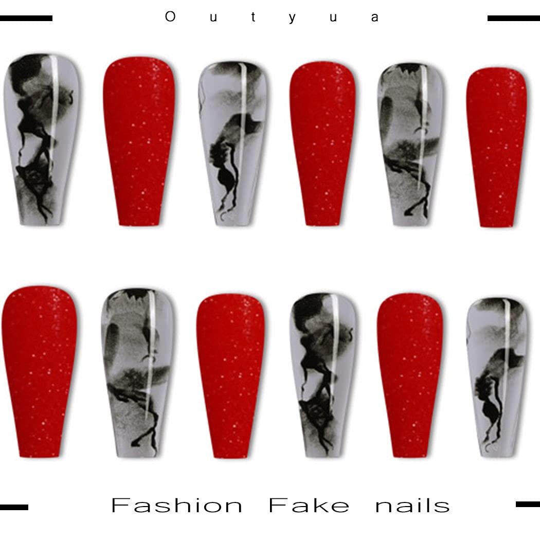 Outyua Smoke Pattern Fake Nails Coffin Red&Black Extra Long Press on Nails with Designs Ballerina Acrylic Glossy False Nails Designer Full Cover Artificial Nails for Women and Girls 24Pcs (Red)