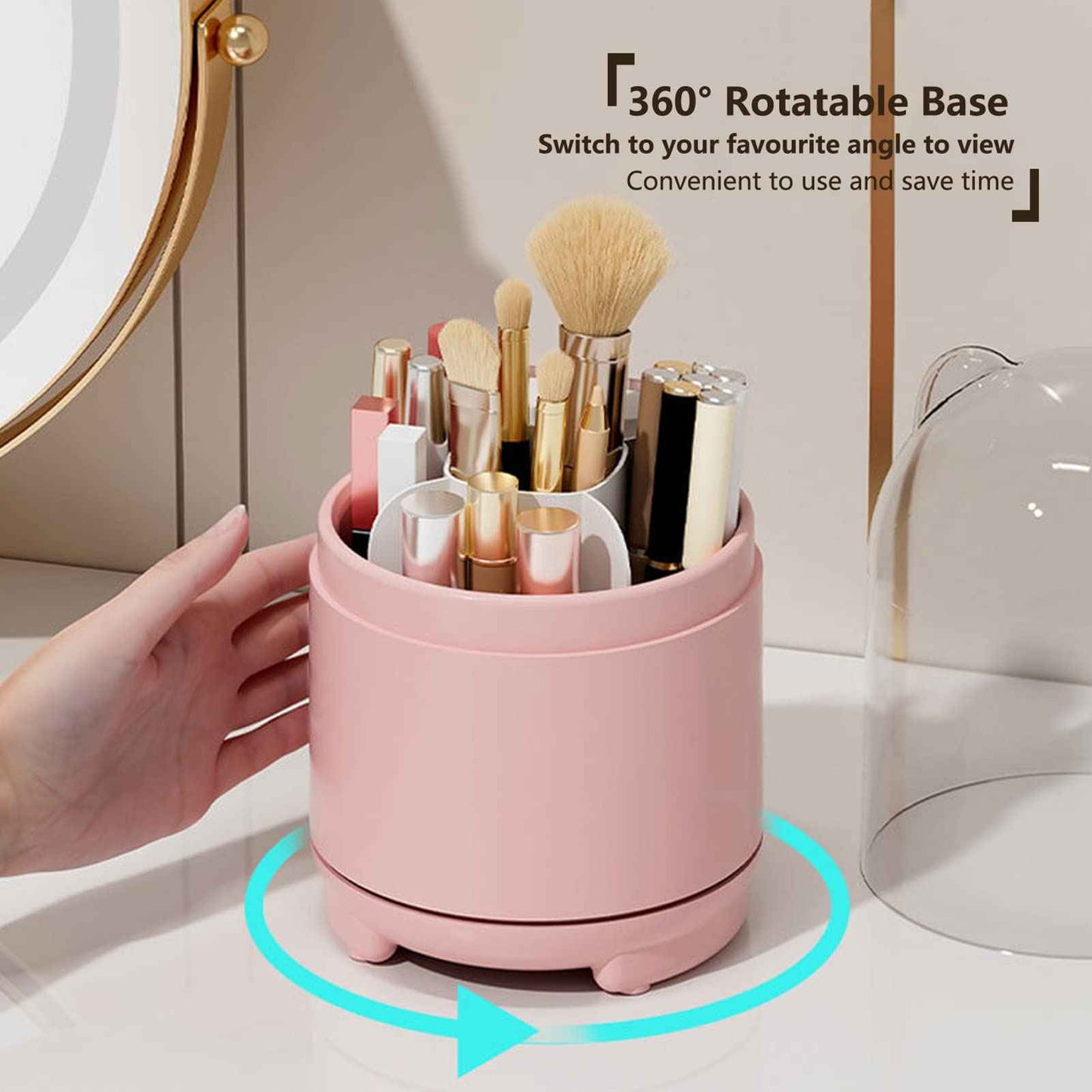LtyTz Cute Makeup Brush Holder Organizer with Lid, Rotating Dustproof Make Up Brushes Container with Clear Acrylic Cover for Vanity Desktop Bathroom Countertop