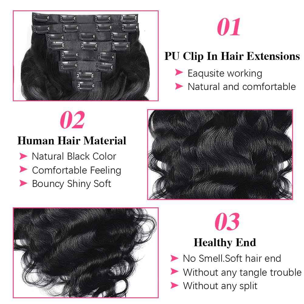 MYouan Seamless Body Wave Clip Ins PU Weft Clip In Hair Extensions Real Human Hair Clip Ins 16Inch 100% Unprocessed Human Hair Extensions 8pcs/set (20Clips120g)