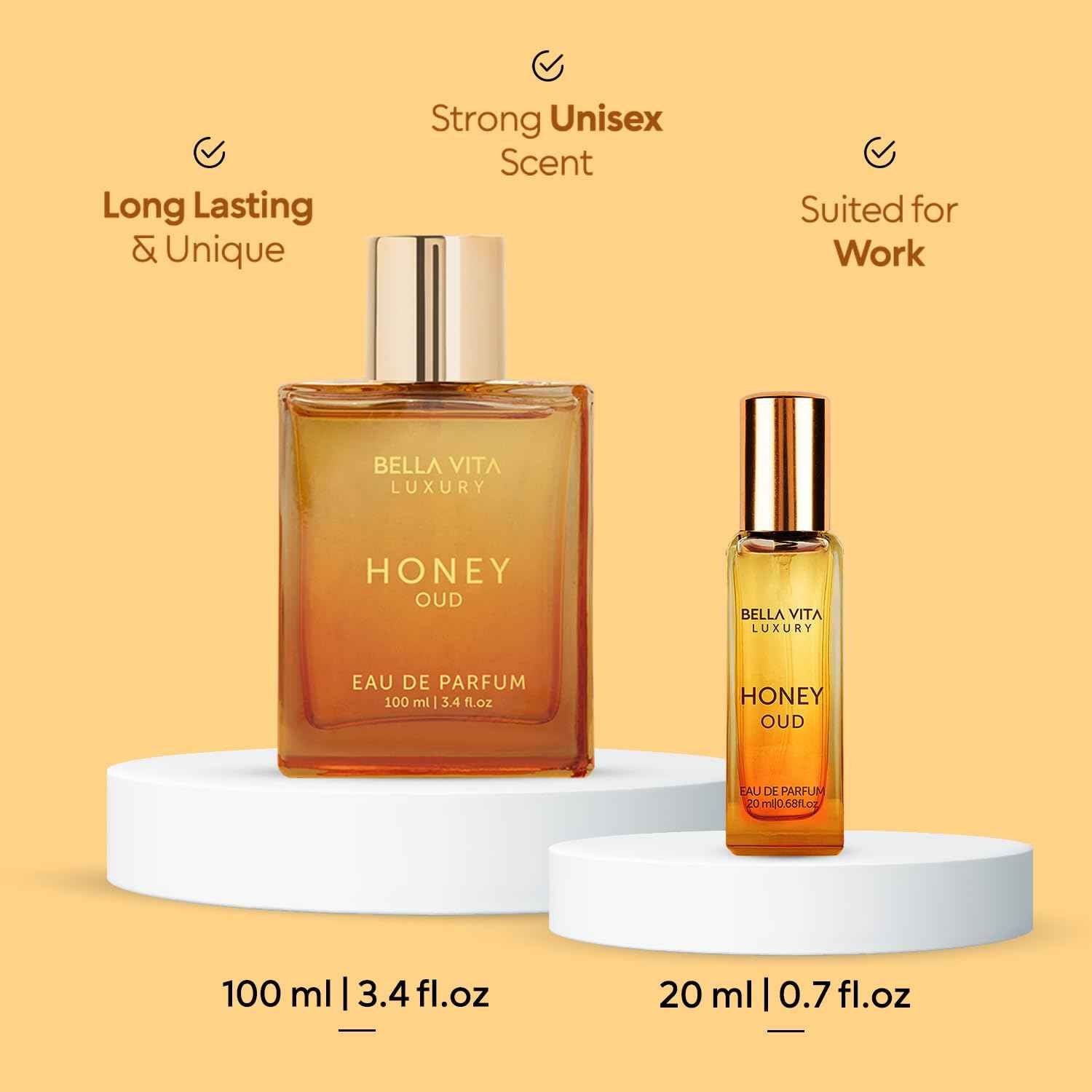 BellaVita Honey OUD Perfume for Women & Men 100ml & 20ml | Vanilla, Bergamot & Patchouli Notes | Long-Lasting Arabian Unisex Perfumes for Women & Men | Floral & Spicy Cologne Honey Perfume