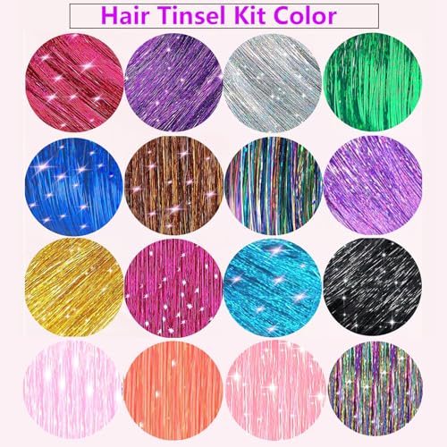 Hair Tinsel Kit - 48 Inch Glitter Extensions with 16 Colors