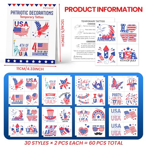 Partywind 60 Pcs 4th of July Glitter Tattoos - Patriotic Party Favors