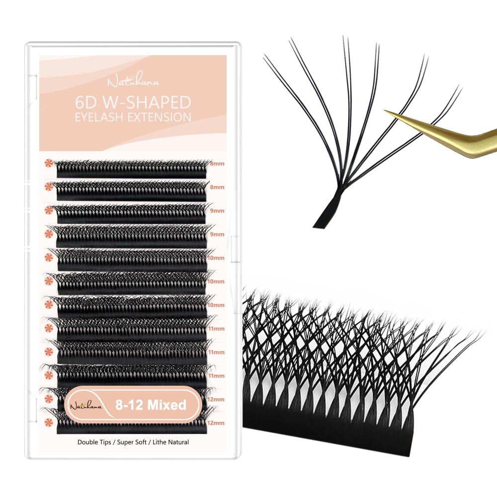 NATUHANA WW Clover Eyelash Extensions 0.07mm D Curl 8-12 Mixed Tray Double 6D lashes Supplies Premade Fans Russian Volume Faux Mink 12Rows/Case W Shape Lash Extensions (d6D black;0.07 D, 8-12 MIX)