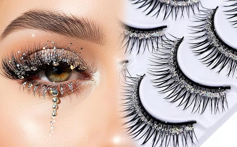 Sparkly Glitter Sequins False Eyelashes Clusters - 5 Pairs Silver