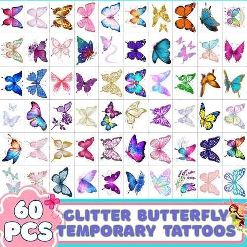 Glitter Butterfly Temporary Tattoos | Butterfly Themed Birthday Party Decorations Party Favors Supplies Accessories Stickers Gift Idea For Kids Boy Girl Teen Adult 60Pcs 4 Sheets Pre-cut