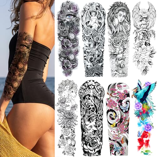 Full Arm Temporary Tattoos Stickers for Adult Women, Millitary Semi Permanent Fake Tattoos Stickers, Temporary Tattoos Realistic 8 Sheets for BBQ Pool Beach Party