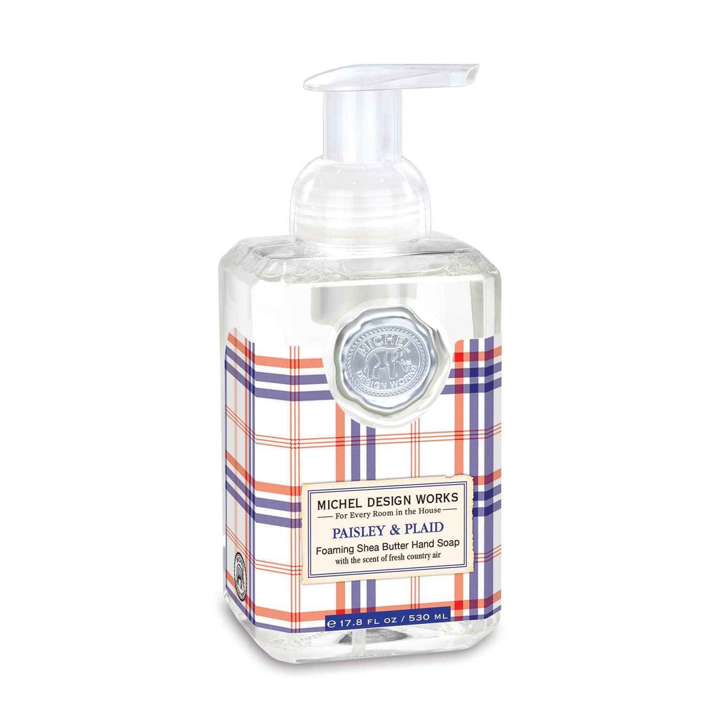 Michel Design Works Foaming Hand Soap 17.8oz, Paisley & Plaid (Red, White, and Blue Plaid Design) Scent and Design, Shea Butter and Aloe Vera Blend, Beautiful Square Container with Pump