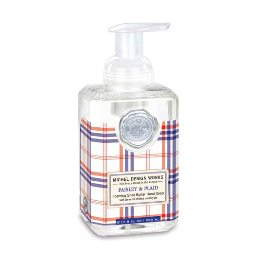 Michel Design Works Foaming Hand Soap 17.8oz, Paisley & Plaid (Red, White, and Blue Plaid Design) Scent and Design, Shea Butter and Aloe Vera Blend, Beautiful Square Container with Pump