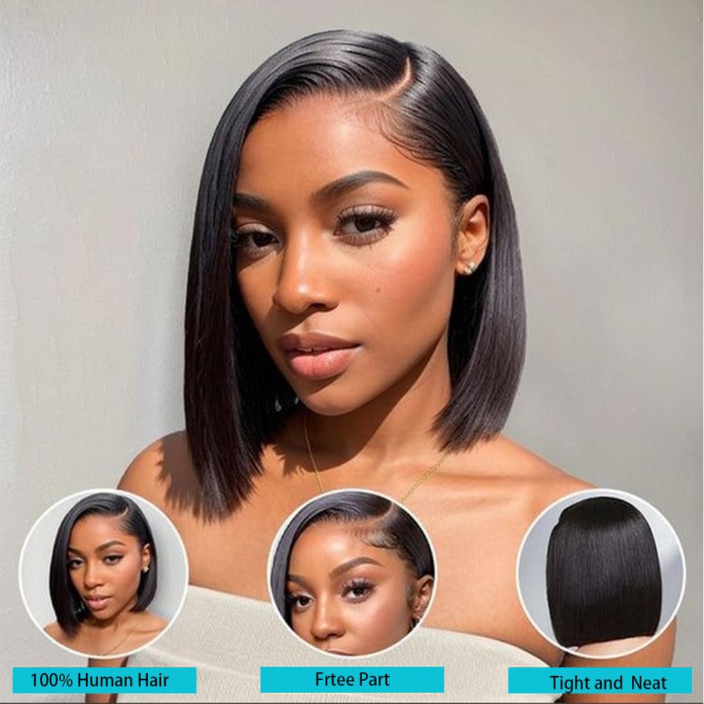 10Inch Bob Wig Human Hair 200 Density 13x4 HD Lace Frontal Short Straight Bob Wigs Human Hair Pre Plucked with Baby Hair Straight Bob Frontal Wigs For Women