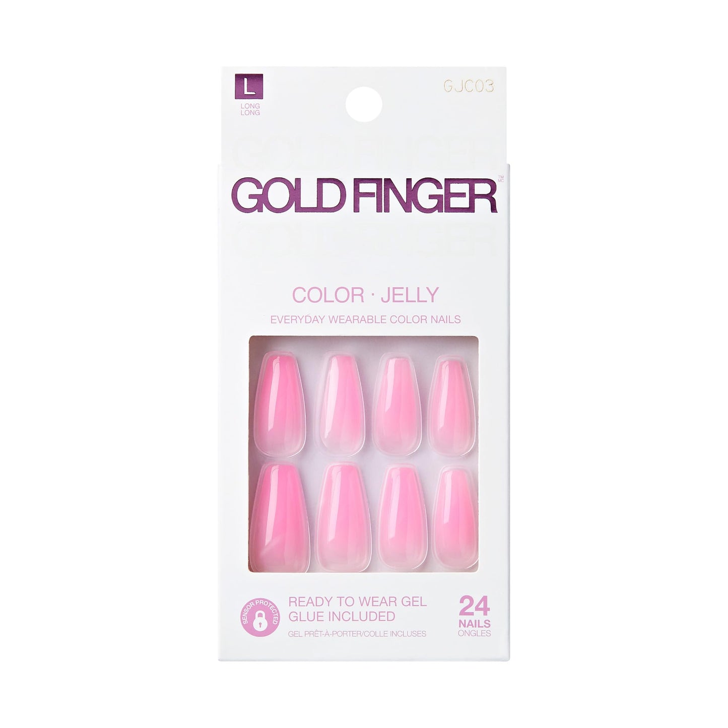 GoldFinger False Nails Kit, Jelly Color Ready to Wear Baby Pink Fake Nails, Manicure Stick and Glue Included, Long Length, Coffin Shape, Long-Lasting Hottest Trend Glue on Nails